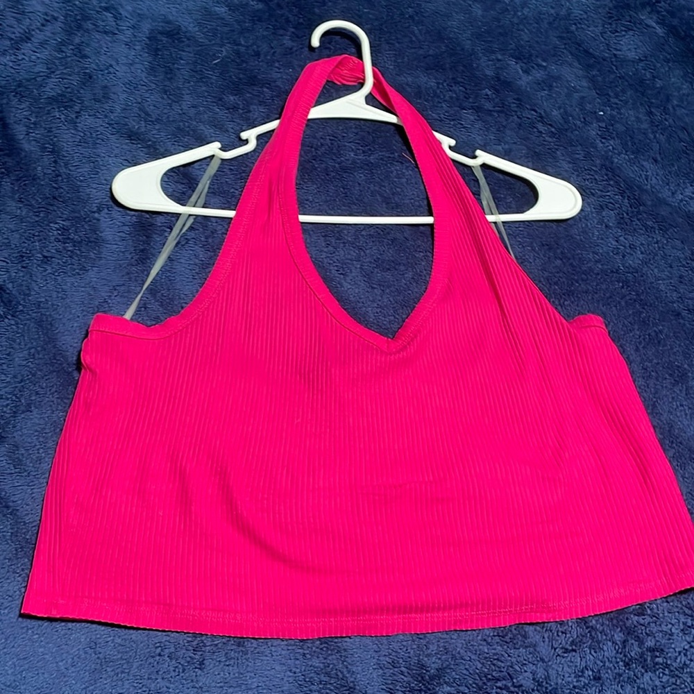 Ribbed hot pink halter top